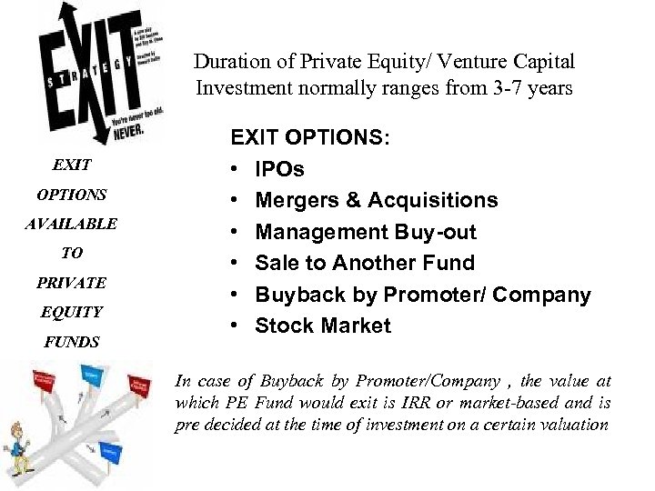 Duration of Private Equity/ Venture Capital Investment normally ranges from 3 -7 years EXIT