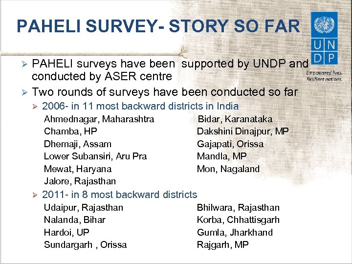 PAHELI SURVEY- STORY SO FAR PAHELI surveys have been supported by UNDP and conducted