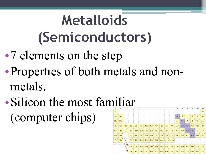 Metalloids (Semiconductors) • 7 elements on the step • Properties of both metals and