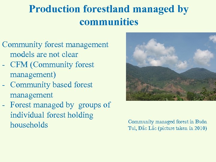 Production forestland managed by communities Community forest management models are not clear - CFM