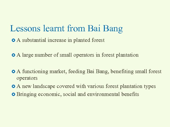 Lessons learnt from Bai Bang A substantial increase in planted forest A large number