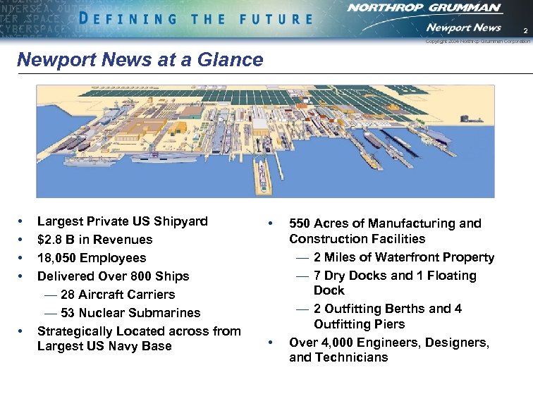 2 Copyright 2004 Northrop Grumman Corporation Newport News at a Glance • • •