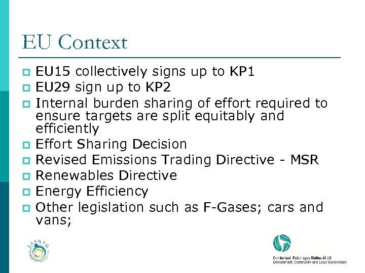 EU Context p p p p EU 15 collectively signs up to KP 1