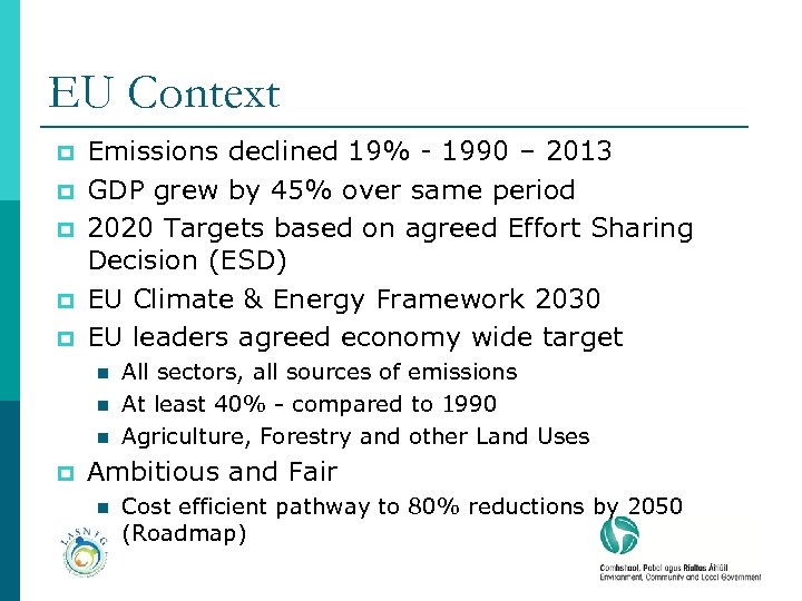 EU Context p p p Emissions declined 19% - 1990 – 2013 GDP grew