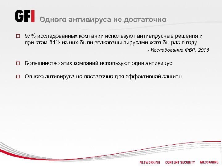 Одного антивируса не достаточно o 97% исследованных компаний используют антивирусные решения и при этом