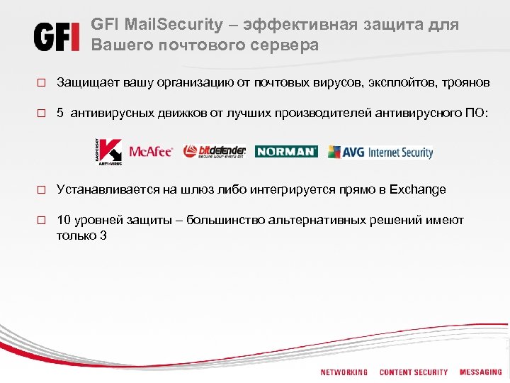 GFI Mail. Security – эффективная защита для Вашего почтового сервера o Защищает вашу организацию