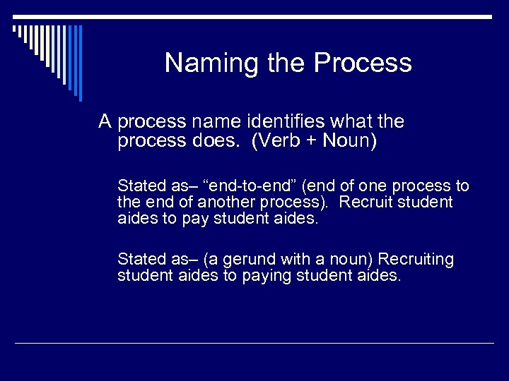 Naming the Process A process name identifies what the process does. (Verb + Noun)