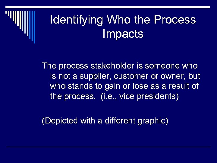 Identifying Who the Process Impacts The process stakeholder is someone who is not a