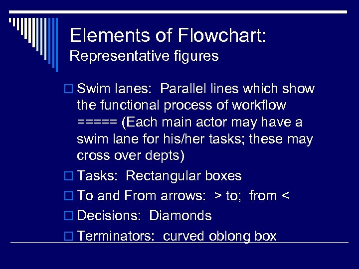 Elements of Flowchart: Representative figures o Swim lanes: Parallel lines which show the functional