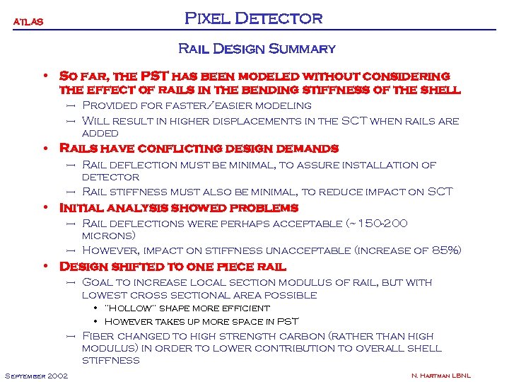 Pixel Detector ATLAS Rail Design Summary • So far, the PST has been modeled