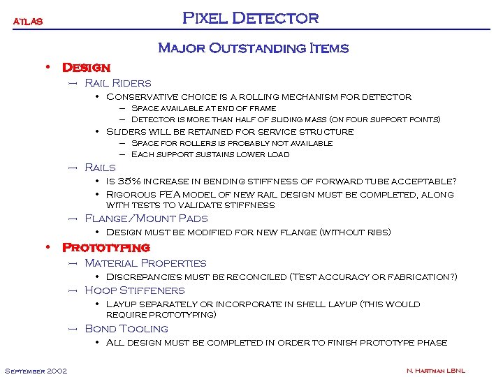 Pixel Detector ATLAS Major Outstanding Items • Design – Rail Riders • Conservative choice