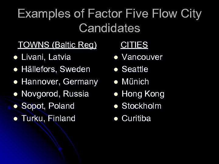 Examples of Factor Five Flow City Candidates TOWNS (Baltic Reg) l Livani, Latvia l