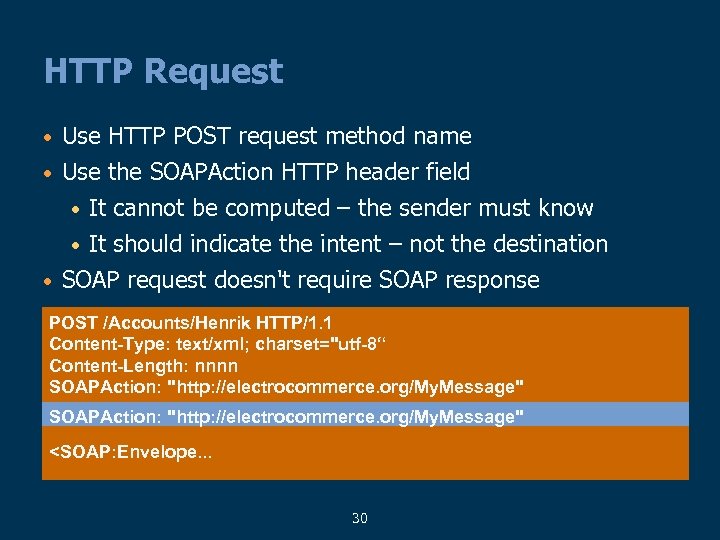 HTTP Request • Use HTTP POST request method name • Use the SOAPAction HTTP