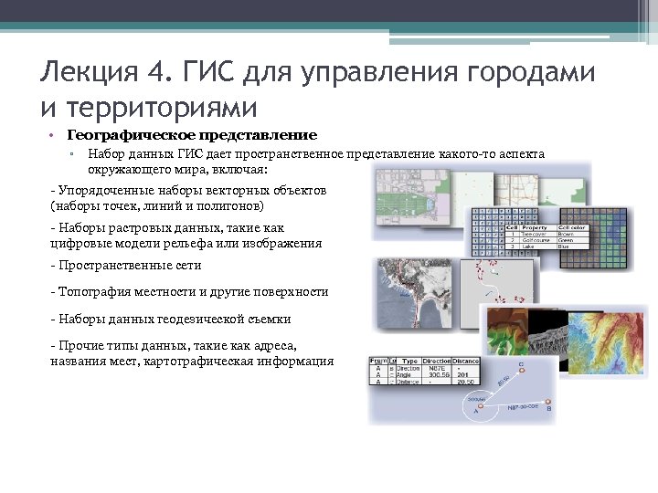 Лекция 4. ГИС для управления городами и территориями • Географическое представление ▫ Набор данных