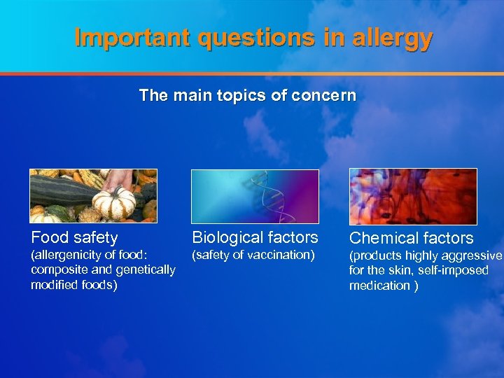 Important questions in allergy The main topics of concern Food safety Biological factors Chemical