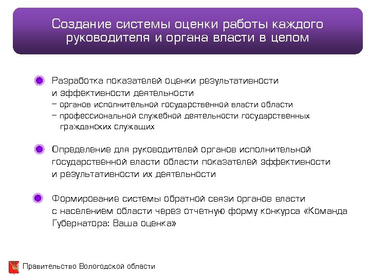Создание системы оценки работы каждого руководителя и органа власти в целом Разработка показателей оценки