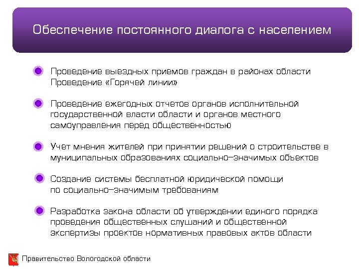 Обеспечение постоянного диалога с населением Проведение выездных приемов граждан в районах области Проведение «Горячей