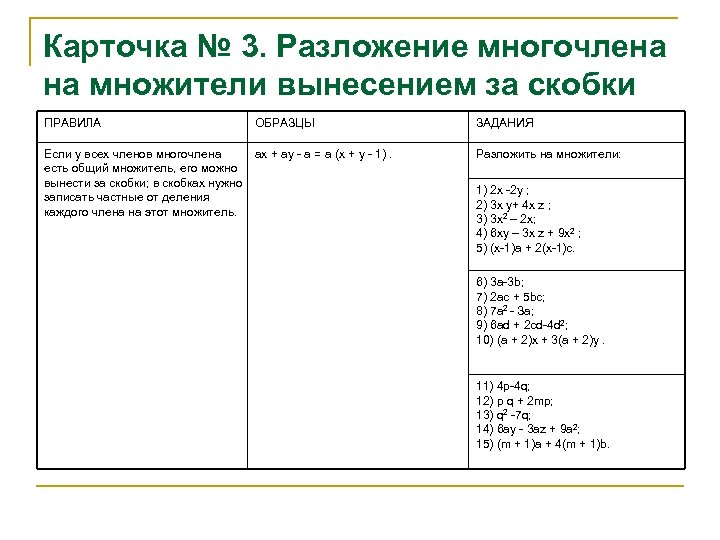 Карточка № 3. Разложение многочлена на множители вынесением за скобки ПРАВИЛА ОБРАЗЦЫ ЗАДАНИЯ Если