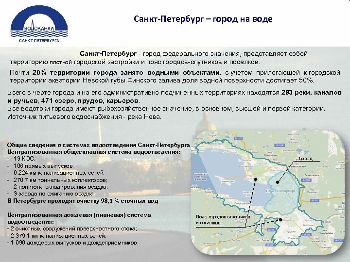 Санкт-Петербург – город на воде Санкт-Петербург - город федерального значения, представляет собой территорию плотной