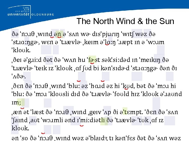 The North Wind & the Sun ðə ˈnɔɹθ ˌwɪnd ən ə ˈsʌn wɚ dɪsˈpjuɾɪŋ