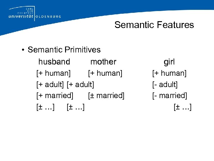Semantic Features • Semantic Primitives husband mother [+ human] [+ adult] [+ married] [±