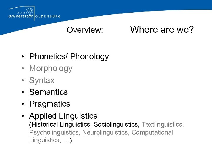 Overview: • • • Where are we? Phonetics/ Phonology Morphology Syntax Semantics Pragmatics Applied