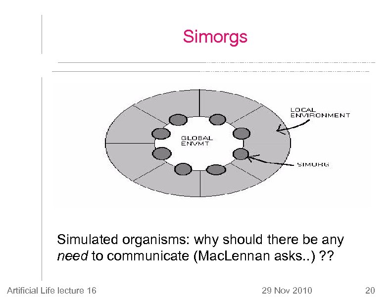 Simorgs Simulated organisms: why should there be any need to communicate (Mac. Lennan asks.