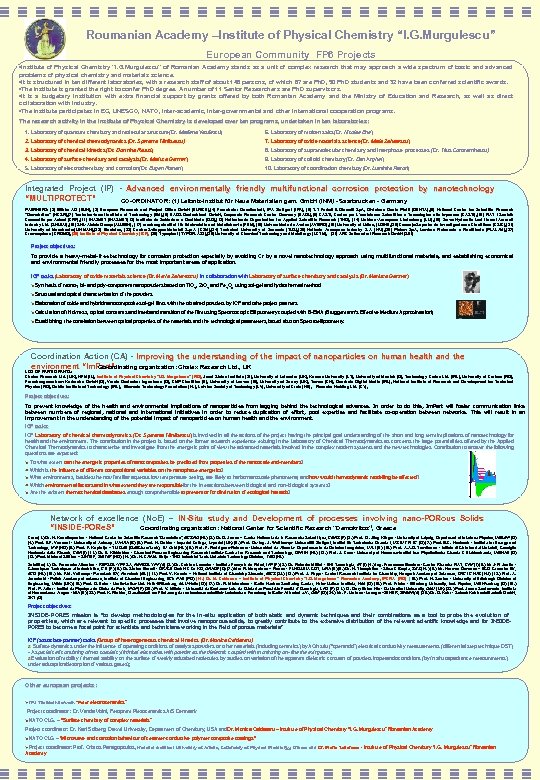 Roumanian Academy –Institute of Physical Chemistry “I. G. Murgulescu” European Community FP 6 Projects