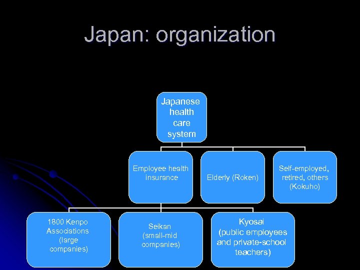 Japan: organization Japanese health care system Employee health insurance 1800 Kenpo Associations (large companies)