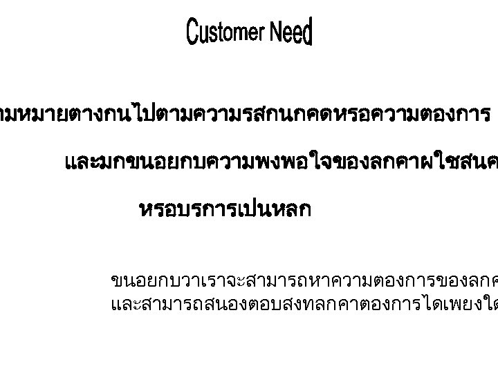 ามหมายตางกนไปตามความรสกนกคดหรอความตองการ และมกขนอยกบความพงพอใจของลกคาผใชสนค หรอบรการเปนหลก ขนอยกบวาเราจะสามารถหาความตองการของลกค และสามารถสนองตอบสงทลกคาตองการไดเพยงใด 