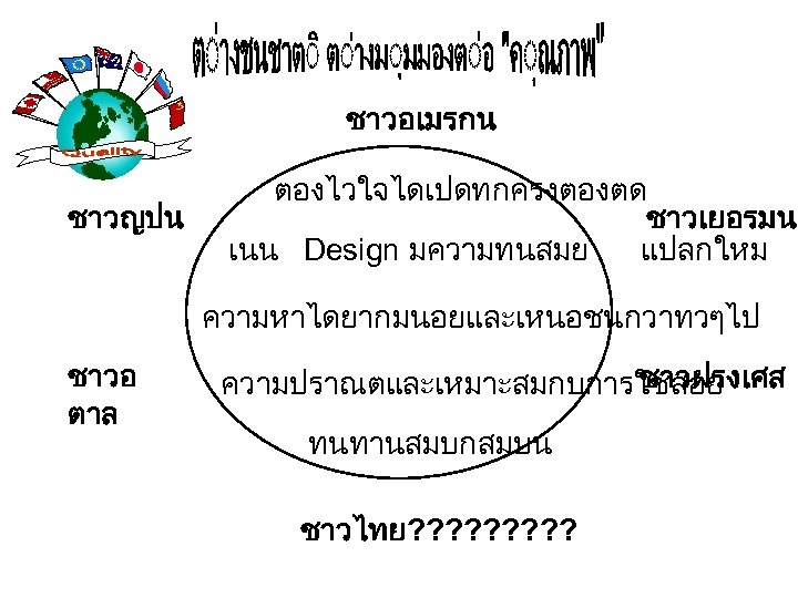 ชาวอเมรกน ชาวญปน ตองไวใจไดเปดทกครงตองตด ชาวเยอรมน เนน Design มความทนสมย แปลกใหม ความหาไดยากมนอยและเหนอชนกวาทวๆไป ชาวอ ตาล ชาวฝรงเศส ความปราณตและเหมาะสมกบการใชสอย ทนทานสมบกสมบน