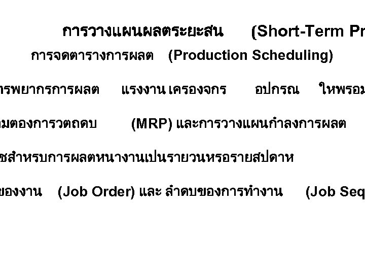 การวางแผนผลตระยะสน (Short-Term Pr การจดตารางการผลต (Production Scheduling) ทรพยากรการผลต ามตองการวตถดบ แรงงาน เครองจกร อปกรณ ใหพรอม (MRP) และการวางแผนกำลงการผลต