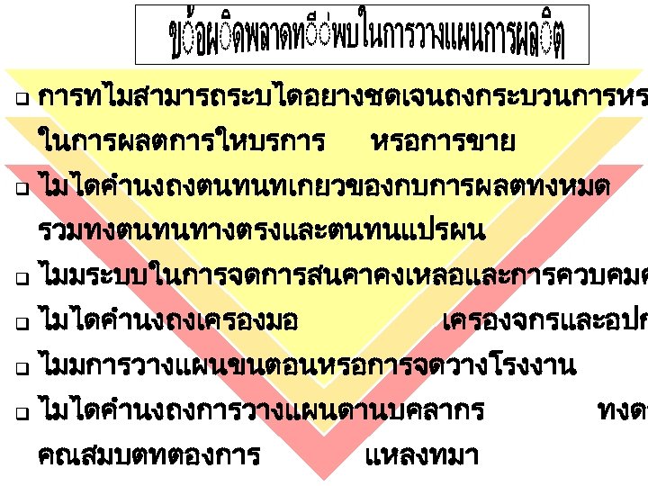 q การทไมสามารถระบไดอยางชดเจนถงกระบวนการหร ในการผลตการใหบรการ q หรอการขาย ไมไดคำนงถงตนทนทเกยวของกบการผลตทงหมด รวมทงตนทนทางตรงและตนทนแปรผน q ไมมระบบในการจดการสนคาคงเหลอและการควบคมค q ไมไดคำนงถงเครองมอ q ไมมการวางแผนขนตอนหรอการจดวางโรงงาน q