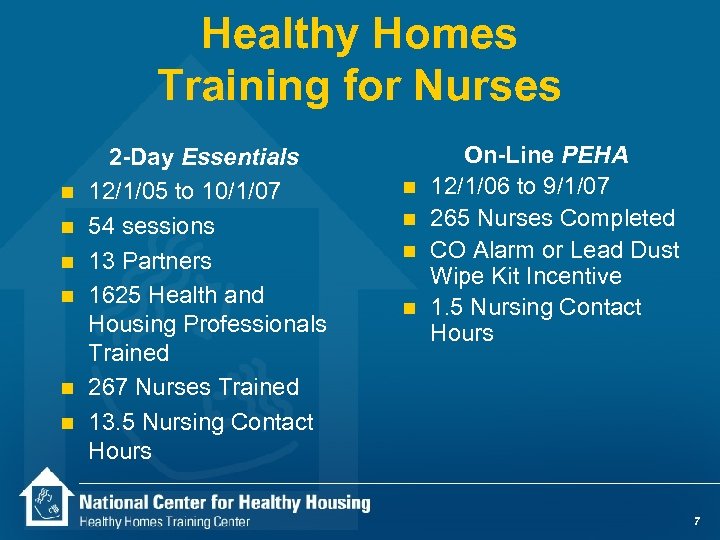 Healthy Homes Training for Nurses n n n 2 -Day Essentials 12/1/05 to 10/1/07