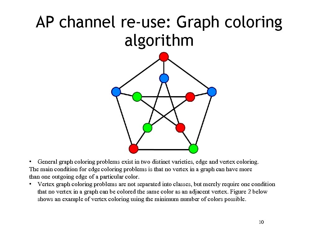 AP channel re-use: Graph coloring algorithm • General graph coloring problems exist in two