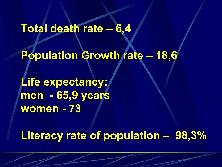 Total death rate – 6, 4 Population Growth rate – 18, 6 Life expectancy: