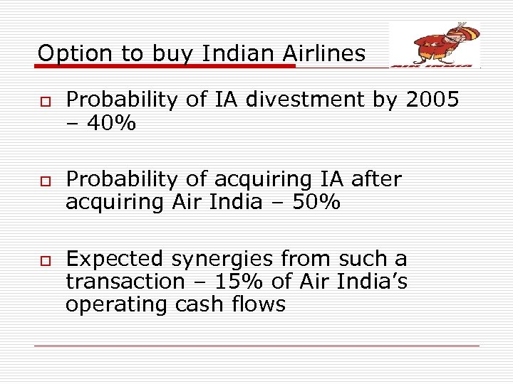 Option to buy Indian Airlines o o o Probability of IA divestment by 2005