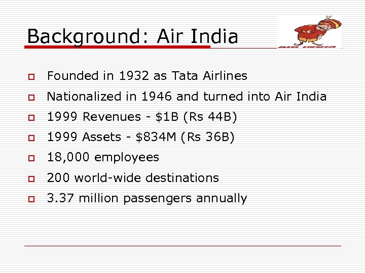 Background: Air India o Founded in 1932 as Tata Airlines o Nationalized in 1946