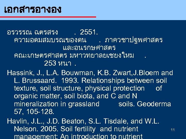 เอกสารอางอง อรวรรณ ฉตรสรง. 2551. ความอดมสมบรณของดน. ภาควชาปฐพศาสตร และอนรกษศาสตร คณะเกษตรศาสตร มหาวทยาลยเชยงใหม. 253 หนา. Hassink, J. ,