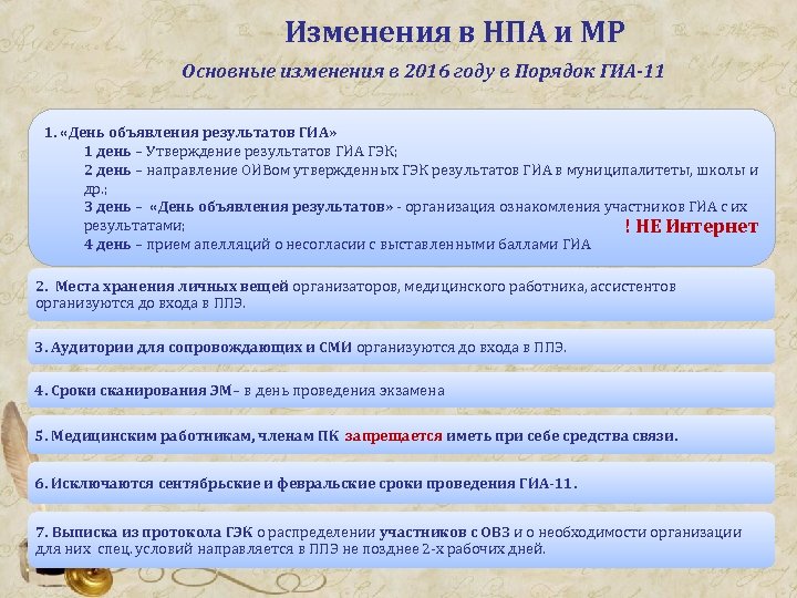 Изменения в НПА и МР Основные изменения в 2016 году в Порядок ГИА-11 1.