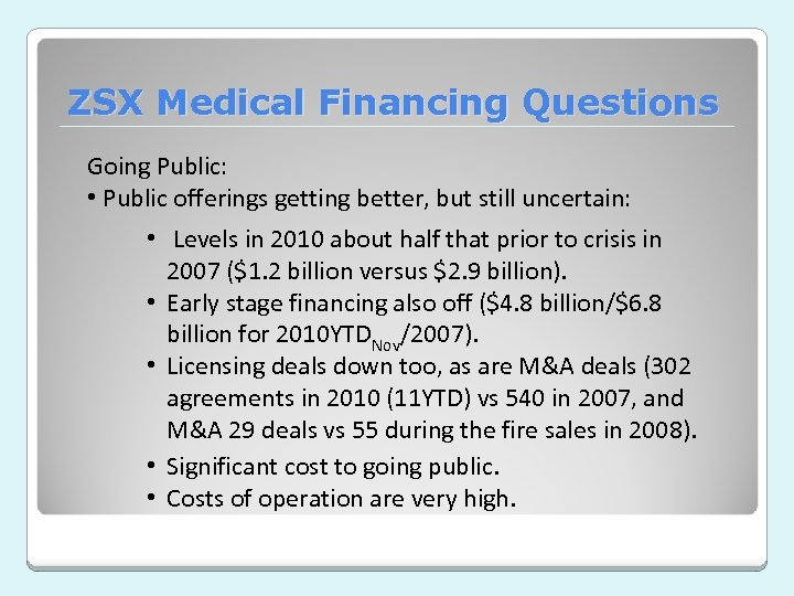 ZSX Medical Financing Questions Going Public: • Public offerings getting better, but still uncertain: