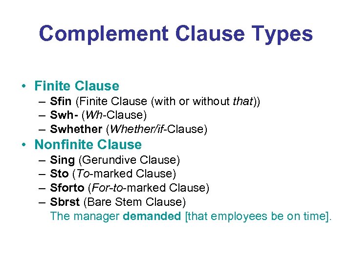 Complement Clause Types • Finite Clause – Sfin (Finite Clause (with or without that))