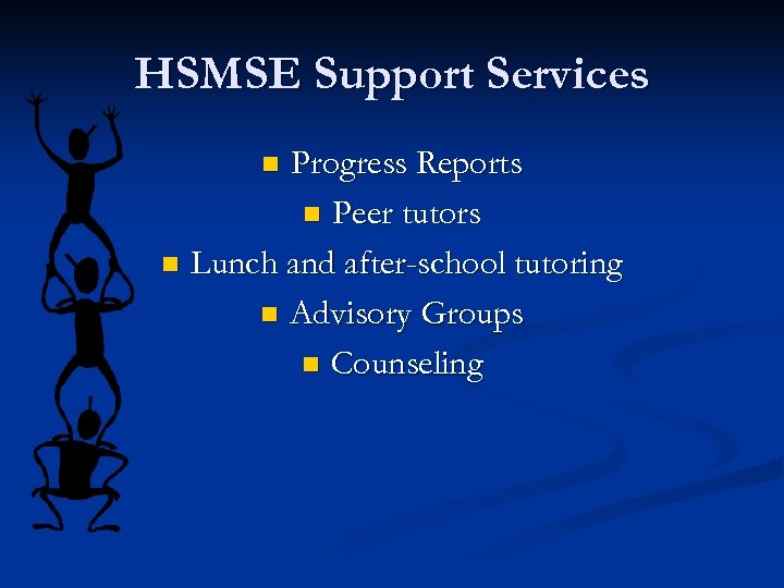 HSMSE Support Services Progress Reports n Peer tutors n Lunch and after-school tutoring n