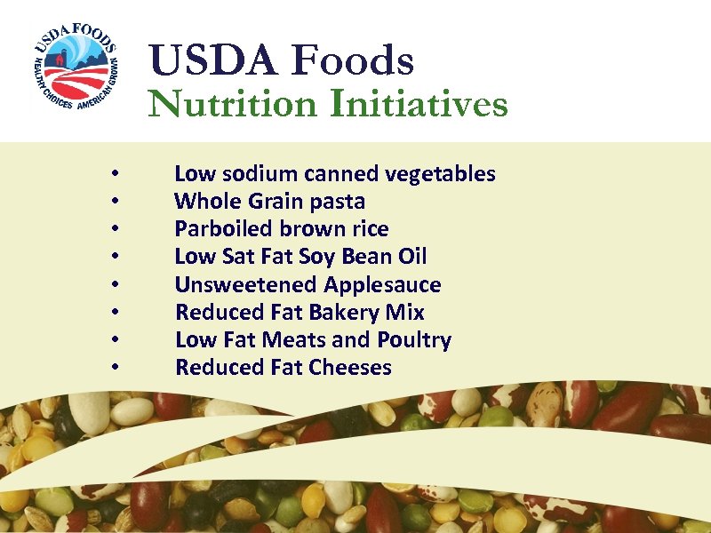 USDA Foods Nutrition Initiatives • • Low sodium canned vegetables Whole Grain pasta Parboiled