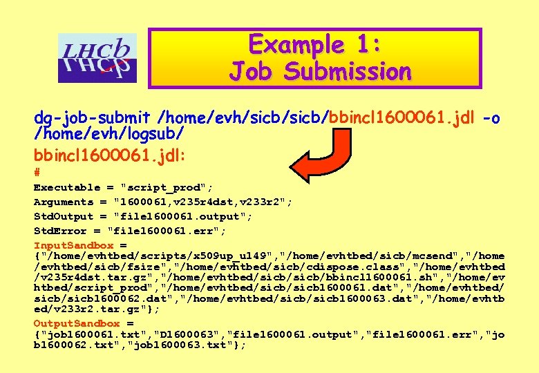 Example 1: Job Submission dg-job-submit /home/evh/sicb/bbincl 1600061. jdl -o /home/evh/logsub/ bbincl 1600061. jdl: #