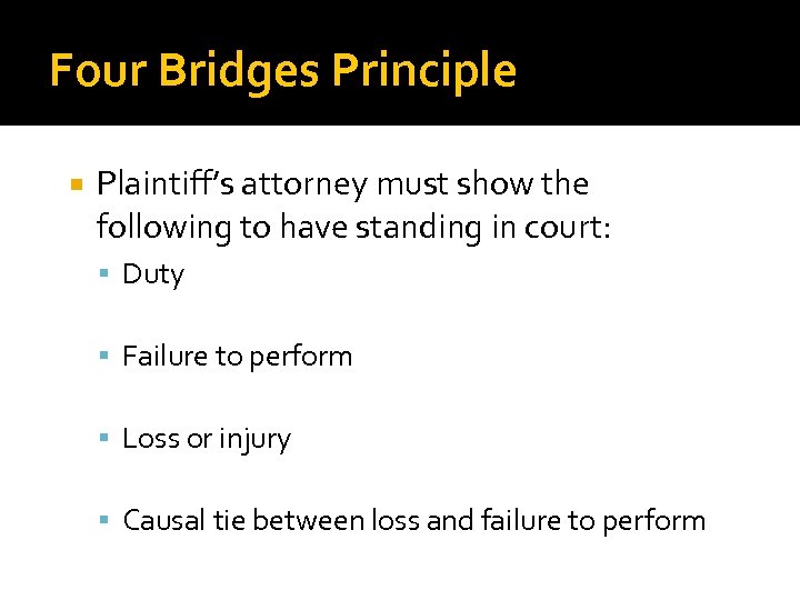 Four Bridges Principle Plaintiff’s attorney must show the following to have standing in court: