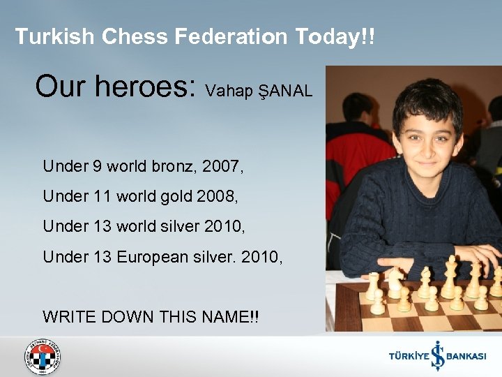 Turkish Chess Federation Today!! Our heroes: Vahap ŞANAL Under 9 world bronz, 2007, Under