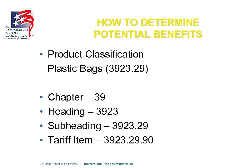 HOW TO DETERMINE POTENTIAL BENEFITS • Product Classification Plastic Bags (3923. 29) • •