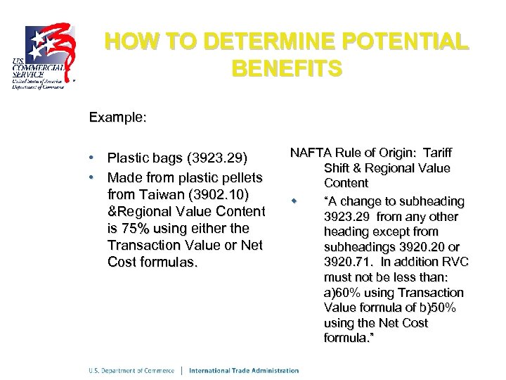 HOW TO DETERMINE POTENTIAL BENEFITS Example: • Plastic bags (3923. 29) • Made from