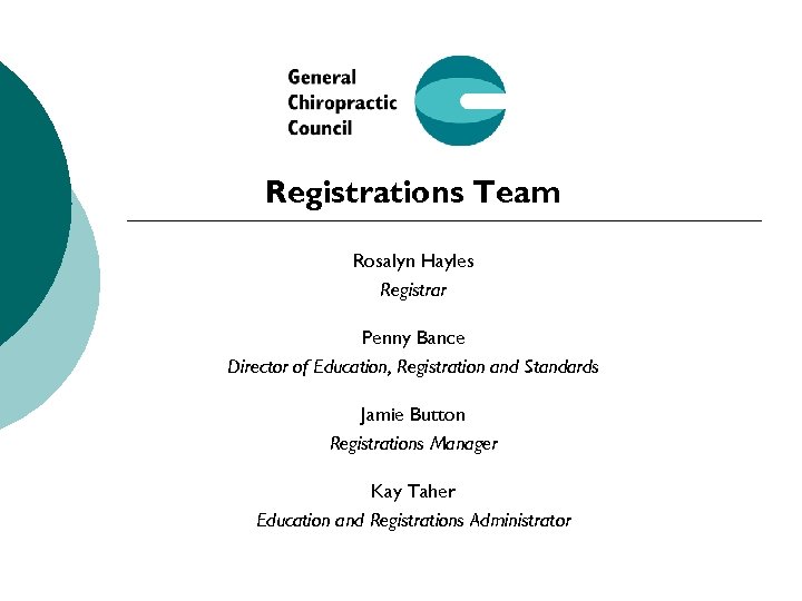 Registrations Team Rosalyn Hayles Registrar Penny Bance Director of Education, Registration and Standards Jamie